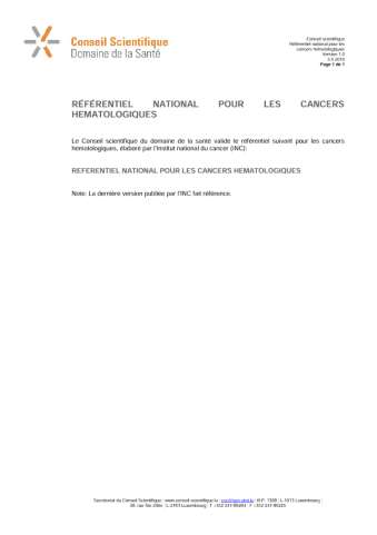 Référentiel pour les cancers hématologiques (2019)