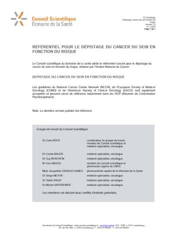 Référentiel pour le dépistage du cancer du sein en fonction du risque (2018)