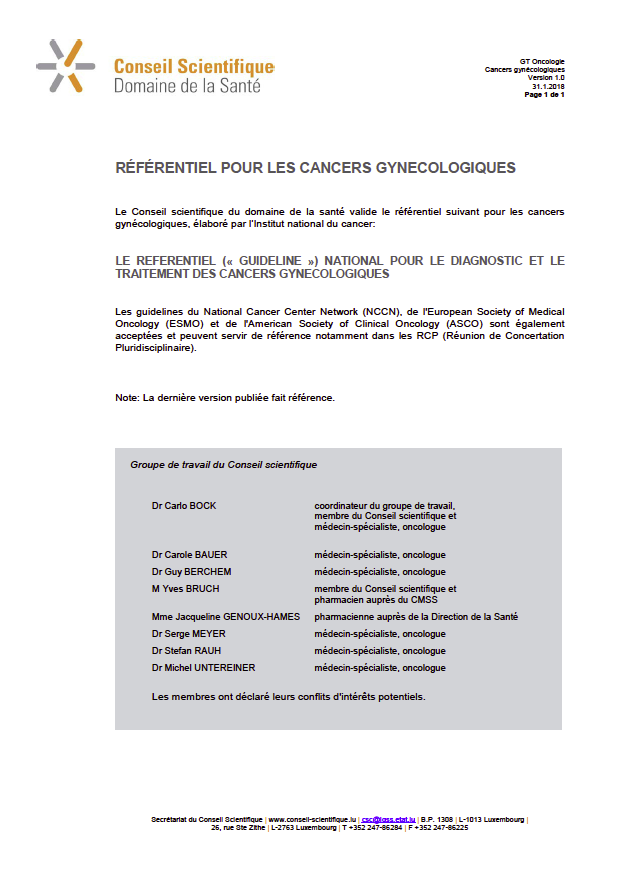 Référentiel pour les cancers gynécologiques (2018)